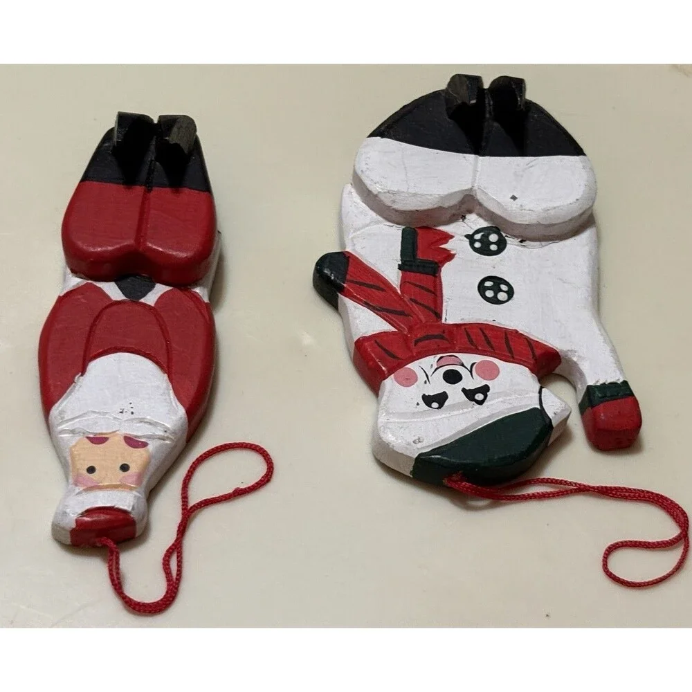 Wood Santa Snowman Shelf Sitters Ornaments Set of 2 Hand Painted Christmas
